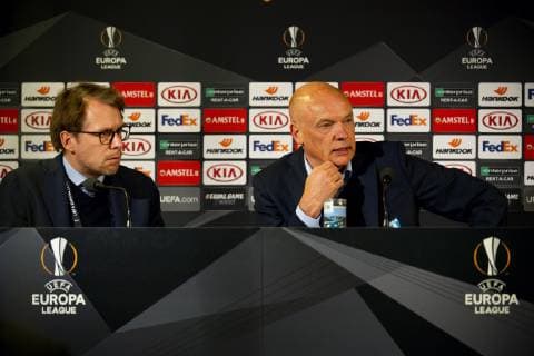 181108 Press officer Peter hlander and head coach Uwe Rösler of Malmö FF during the press conference PK Pressekonferenz after the Europa League group stage match between Malmö FF and Sarpsborg 08 on November 8, 2018 in Malmö.  Copyright: LUDVIGxTHUNMAN BB181108LT072