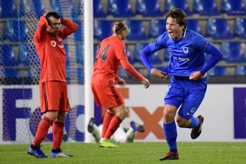 GENK, BELGIUM - NOVEMBER 8 : Sander Boli Berge midfielder of Genk scores 1-1 during the UEFA Europa League, Group Stage - Group 1 match between KRC Genk and Besiktas JK at the KRC Genk Arena on November 08, 2018 in Genk, Belgium, 8 11 2018 FOOTBALL : KRC Genk v Besiktas : UEFA Europa League - 08 11 2018 PHOTONEWS PANORAMIC  775219917