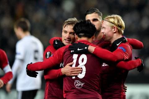 SOCCER - UEFA EL, Rosenborg vs RBS TRONDHEIM,NORWAY,08.NOV.18 - SOCCER - UEFA Europa League, group stage, Rosenborg BK vs Red Bull Salzburg. Image shows the rejoicing of Fredrik Gulbrandsen, Takumi Minamino, Munas Dabbur and Xaver Schlager (RBS). GEPAxpictures xFlorianxErtl