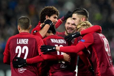SOCCER - UEFA EL, Rosenborg vs RBS TRONDHEIM,NORWAY,08.NOV.18 - SOCCER - UEFA Europa League, group stage, Rosenborg BK vs Red Bull Salzburg. Image shows the rejoicing of RBS. GEPAxpictures xFlorianxErtl