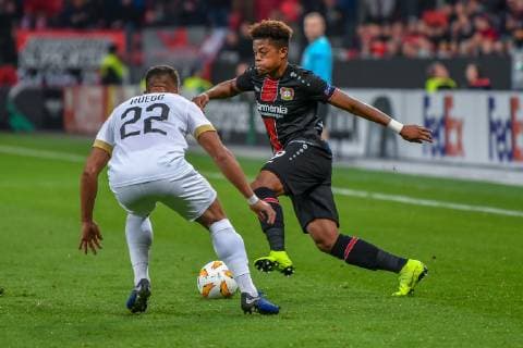 GER UEFA EL Bayer 04 Leverkusen GER vs FC Zuerich SUI 08 11 2018 BayArena Leverkusen Europaleque preliminary round GER UEFA EL Bayer 04 Leverkusen GER vs FC Zuerich SUI DFL regulations prohibit any use of photographs as image sequences and or quasi video in picture shows Kevin Rüegg FC Zuerich 22 in duel against Leon Bailey Leverkusen 9 nordphotox xMeuter nph00351