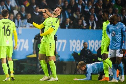 181108 Patrick Mortensen of Sarpsborg 08 reacts during the Europa League group stage match between Malmö FF and Sarpsborg 08 on November 8, 2018 in Malmö.  Copyright: LUDVIGxTHUNMAN BB181108LT075