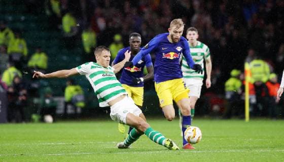 Celtic Glasgow RB Leipzig Football Euro League Glasgow 08 11 2018 Celtic Park Football UEFA Euro League Group B 4 Matchday Celtic Glasgow vs RB Leipzig In the picture from left Kieran Tierney 63 Celtic and Konrad Laimer 27 RB Leipzig According to UEFA specifications, it is forbidden to use or have used photos taken in the stadium and or the match in the form of sequence pictures and or video-like photo sequences