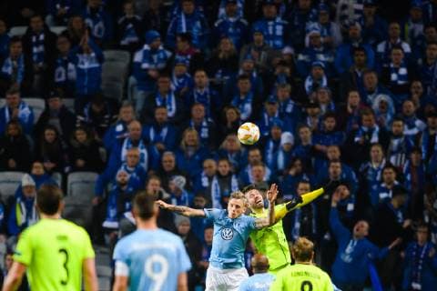 181108 Sören Rieks of Malmö FF and Patrick Mortensen of Sarpsborg 08 during the Europa League group stage match between Malmö FF and Sarpsborg 08 on November 8, 2018 in Malmö. Photo: Petter Arvidson BILDBYRN kod PA 92149  Copyright: PETTERxARVIDSON BB181108PA177