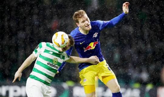 Celtic Glasgow RB Leipzig Soccer Euro League Glasgow 08 11 2018 Celtic Park Soccer UEFA Euro League Group B 4 Matchday Celtic Glasgow vs RB Leipzig In the picture from left Callum McGregor 42 Celtic and Marcel Halstenberg 23 RB Leipzig According to UEFA specifications, it is forbidden to use or have used photographs taken in the stadium and or during the match in the form of sequence pictures and or video-like photo sequences