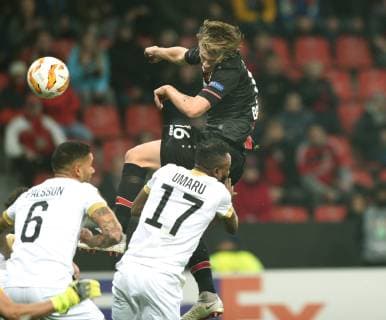 European League Bayer 04 Leverkusen FC Zurich 08 11 2018 Goal to 1-0 for Leverkusen by Tin Jedvaj Vorne Palsson 6 and Bangura 17 both Zurich DFL REGULATIONS PROHIBIT ANY USE OF PHOTOGRAPHS AS IMAGE SEQUENCES AND OR QUASI VIDEO HM