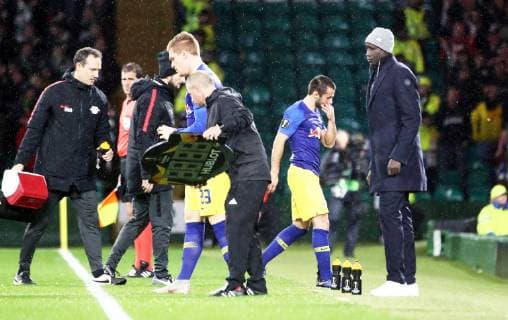 Celtic Glasgow RB Leipzig Football Euro League Glasgow 08 11 2018 Celtic Park Football UEFA Europa League Group B Matchday 4 Celtic FC Glasgow FC SCO vs RB Leipzig GER In picture Marcello Saracchi 2 v r RB Leipzig Substitution UEFA æregulations prohibit any use of photographs as image sequences and or quasi video
