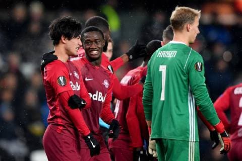 SOCCER - UEFA EL, Rosenborg vs RBS TRONDHEIM,NORWAY,08.NOV.18 - SOCCER - UEFA Europa League, group stage, Rosenborg BK vs Red Bull Salzburg. Image shows the rejoicing of Takumi Minamino and Diadie Samassekou (RBS). GEPAxpictures xFlorianxErtl