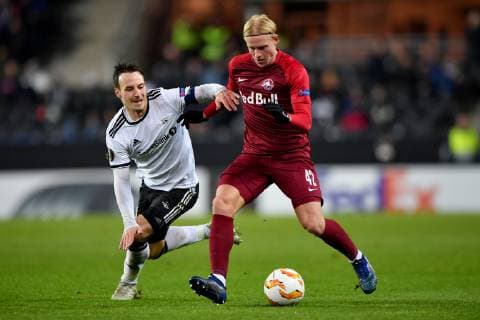 SOCCER - UEFA EL, Rosenborg vs RBS TRONDHEIM,NORWAY,08.NOV.18 - SOCCER - UEFA Europa League, group stage, Rosenborg BK vs Red Bull Salzburg. Image shows Mike Lindemann Jensen (Rosenborg) and Xaver Schlager (RBS). GEPAxpictures xFlorianxErtl