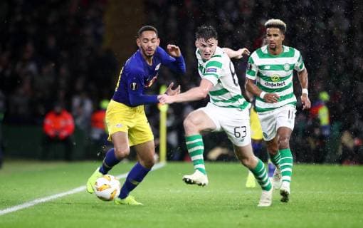 Celtic Glasgow RB Leipzig Football Euro League Glasgow 08 11 2018 Celtic Park Football UEFA Europa League Group B Matchday 4 Celtic FC Glasgow FC SCO vs RB Leipzig GER Im Bild v l Matheus Cunha 20 RB Leipzig and Kieran Tierney 63 Celtic UEFA æregulations prohibit any use of photographs as image sequences and or quasi video