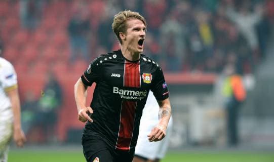 Soccer UEFA Europa League Men Season 2018 2019 Group A 4 Matchday BayArena Leverkusen Bayer Leverkusen black FC Zurich white cheers Tin Jedvaj LEV after his goal to 1 0 cheers joy action UEFA REGULATIONS PROHIBIT ANY USE OF PHOTOGRAPHS AS IMAGE SEQUENCES AND OR QUASI VIDEO