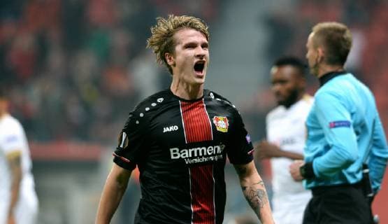 Soccer UEFA Europa League Men Season 2018 2019 Group A 4 Matchday BayArena Leverkusen Bayer Leverkusen black FC Zurich white cheers Tin Jedvaj LEV after his goal to 1 0 cheers joy action UEFA REGULATIONS PROHIBIT ANY USE OF PHOTOGRAPHS AS IMAGE SEQUENCES AND OR QUASI VIDEO