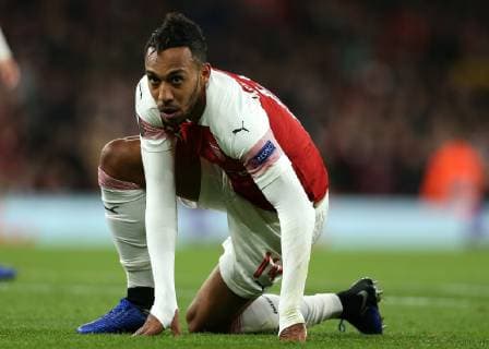 8th November 2018, Emirates Stadium, London, England; UEFA Europa League football, Arsenal versus Sporting Lisbon; Pierre-Emerick Aubameyang of Arsenal picks himself up after another attack goes begging  ActionPlus12077806 JohnxPatrickxFletcher