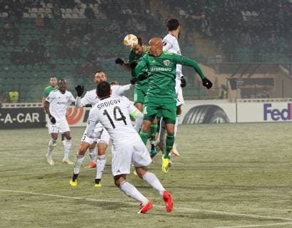 Fußball, EL, FC Vorskla Poltava - FK Qarabag Players of FC Vorskla Poltava (green kit) and Qarabag FK (white kit) are seen in action during the UEFA Europa League Matchday 4 Group E game at the Oleksiy Butovsky Vorskla Stadium, Poltava, central Ukraine, November 8, 2018. Ukrinform. Vorskla 0-1 Qarabag in UEFA Europa League match  Copyright: xHennadiixMinchenkox