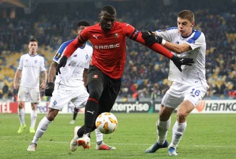 November 8, 2018 - Kiev, Ukraine - Rennes s Niang, left, and Dynamo Kiev s Vitaly Mykolenko, right, in the fight for the ball during the Europa League match between Dynamo Kiev and Rennes at the Olympic Stadium in Kiev. Ukraine, Thursday, November 8, 2018 Dynamo Kyiv v Stade Rennais - UEFA Europa League  - ZUMAn230 20181108_zaa_n230_386 Copyright: xDanilxShamkinx