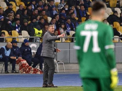 November 8, 2018 - Kiev, Ukraine - ALEKSANDR KHATSKEVICH ,head coach of Dynamo Kyiv (C) reacts during the UEFA Europa League, second leg soccer match between Rennes and Dynamo Kyiv, at the Olimpiyskiy stadium in Kiev, Ukraine, on 08 November, 2018. Dynamo won the match with Rennes with a score of 3: 1. Soccer 2018: Dynamo Kyiv 3:1 Stade Rennais, UEFA Europa League - ZUMAg194 20181108_zap_g194_022 Copyright: xSergxGlovnyx