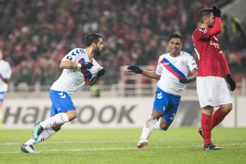(181109) -- MOSCOW, Nov. 9, 2018 -- Daniel Candeias (L) of Rangers celebrates scoring during the Europa League Group G 4th round match between Spartak Moskva and Rangers in Moscow, Russia on Nov. 8, 2018. Spartak Moskva won 4-3. ) (SP)RUSSIA-MOSCOW-SOCCER-UEFA EUROPA LEAGUE-SPARTAK MOSKVA VS RANGERS WuxZhuang 