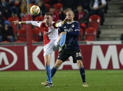 L-R JAROMIR ZMRHAL (Slavia) and NICOLAI BOILESEN (Copenhagen) in action during the European UEFA Europa League, Group C, match between SK Slavia Praha and FC Copenhagen, in Prague, Czech Republic, on November 8, 2018. (CTKxPhoto KaterinaxSulova) CTKPhotoP201811081221401  suk3