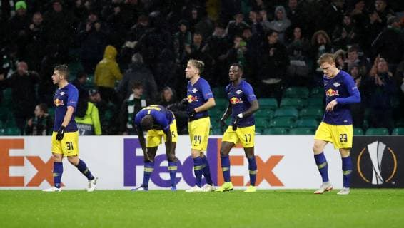Celtic Glasgow RB Leipzig Soccer Euro League Glasgow 08 11 2018 Celtic Park Soccer UEFA Euro League Group B 4 Matchday Celtic Glasgow vs. RB Leipzig 2 1 1 0 In the picture disappointment after the match at Diego Demme 31 RB Leipzig Dayot Upamecano 5 RB Leipzig Kevin Kampl 44 RB Leipzig Bruma 17 RB Leipzig and Marcel Halstenberg 23 RB Leipzig According to UEFA regulations, it is prohibited to use or have used photographs taken in the stadium and or during the match in the form of sequence pictures or video-like photo sequences.
