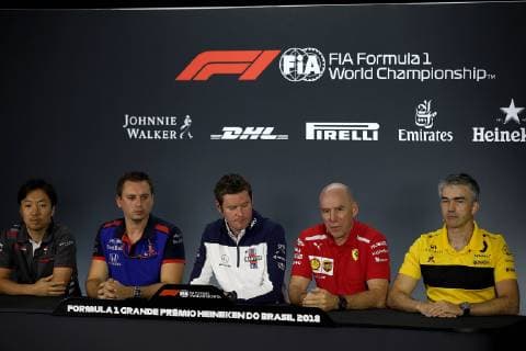 Photo4 LaPresse 09 11 2018 Sao Paulo, Brazil Grand Prix Formula One Brazil 2018 In the pic: The FIA press conference PK Pressekonferenz (L to R): Ayao Komatsu (JPN) Haas F1 Team Race Engineer; Jonathan Eddols (GBR) Scuderia Toro Rosso Chief Race Engineer; Rob Smedley (GBR) Williams Head of Vehicle Performance; Jock Clear (GBR) Ferrari Engineering Director; Nick Chester (GBR) Renault Sport F1 Team Chassis Technical Director.  Copyright: xPhoto4 LaPressex