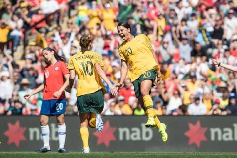 Emily Van Egmond of Australia converts the penalty and celebrates with Samantha Kerr of Australia during the friendly match between Westfield Matildas and Chile at the Panthers Stadium, Penrith, Australia on 10 November 2018. Copyright: xPeterxDovganx 21900006