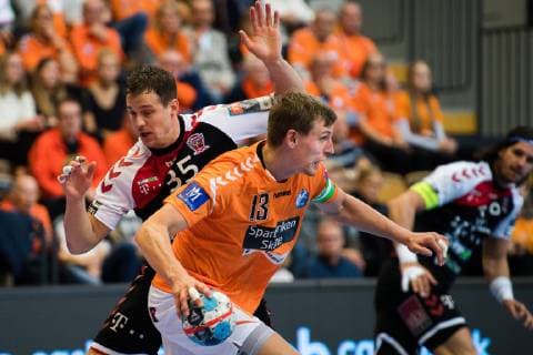 Handball, CL, Kristianstad - Telekom Veszprem 181110 Telekom Veszprems Kentin Mahe och Kristianstads Olafur Gudmundsson under handbollsmatchen i Champions League mellan Kristianstad och Telekom Veszprem den 10 november 2018 i Helsingborg.  Copyright: AvdoxBilkanovic BB181110AB074