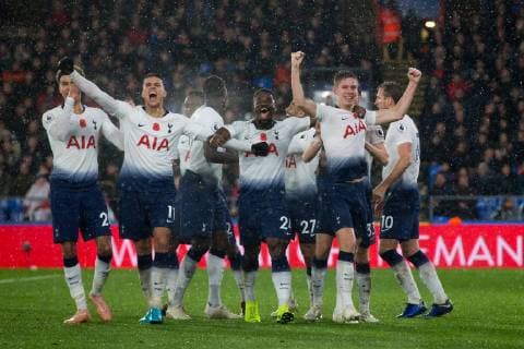 Juan Foyth of Tottenham Hotspur celebrates scoring the opening goal with team mates during the Premier League match at Selhurst Park, London. Picture date: 10th November 2018. Picture credit should read: Craig Mercer Sportimage EDITORIAL USE ONLY. No use with unauthorised audio, video, data, fixture lists, club league logos or live services. Online in-match use limited to 120 images, no video emulation. No use in betting, games or single club league player publications.