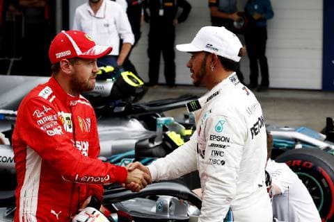 November 10, 2018 - Sao Paulo, Sao Paulo, Brazil - Nov, 2018 - Mercedes LEWIS HAMILTON(r) driver who has won the pole position greets the Ferrari SEBASTIAN VETTEL of Ferrari, who finished second in the starting grid after qualifying training of Formula One Grand Prix Brazil at the Jose Carlos Pace racetrack (Interlagos) in the city of Sao Paulo. Sao Paulo, Brazil, November 10, 2018. Formula One Grand Prix Brazil - Qualifying Training - ZUMAc168 20181110_zap_c168_019 Copyright: xMarceloxChellox