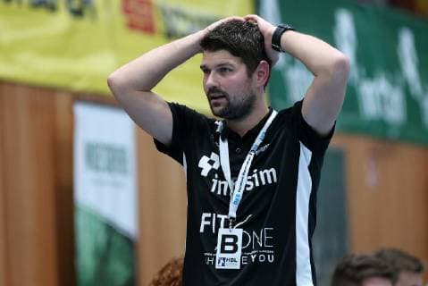 v left coach Dr Matthias Obinger DJK Rimpar wolves disappointed looking disappointed disappointed DKB 2 handball Bundesliga DJK Rimpar wolves HSC 2000 Coburg xfsx