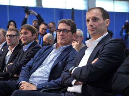Photo LaPresse - Jennifer Lorenzini 12 November 2018 Firenze (Italy) Soccer Italy Prize "Panchina d oro 2018" - "Coverciano" In the pic: Antonio Conte, Fabio Capello, Massimiliano Allegri  Copyright: xJenniferxLorenzini LaPressex