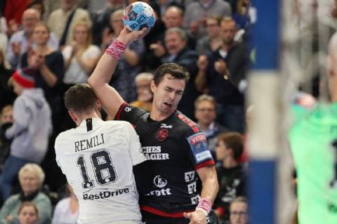 Rasmus Lauge Schmidt SG Flensburg Handewitt 25 against Nedim Remili Paris Saint Germain HB 18 Flensburg Schleswig Holstein Germany Flens Arena Copyright: xAgentur54Gradx xSpeedphotosx