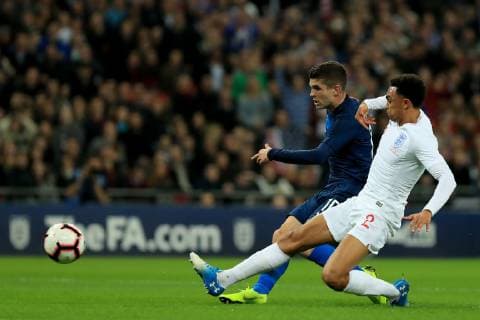 ;15th November 2018, Wembley Stadium, London, England; Wayne Rooney Foundation International football friendly, England versus United States of America; Christian Pulisic of United States of America shoots on goal as Trent Alexander-Arnold of England attempts to block  ActionPlus12079640 ShaunxBrooks