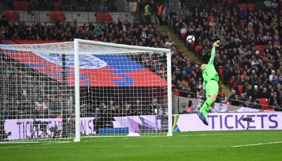 15th November 2018, Wembley Stadium, London, England; Wayne Rooney Foundation International football friendly, England versus United States of America; The shot from Jesse Lingard of England beats Brad Guzan of USA to score the first goal  ActionPlus12079643 SimonxWest
