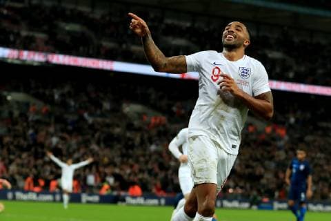 15th November 2018, Wembley Stadium, London, England; Wayne Rooney Foundation International football friendly, England versus United States of America; Callum Wilson celebrates after he scores for 3-0 in the 77th minute  ActionPlus12079691 ShaunxBrooks