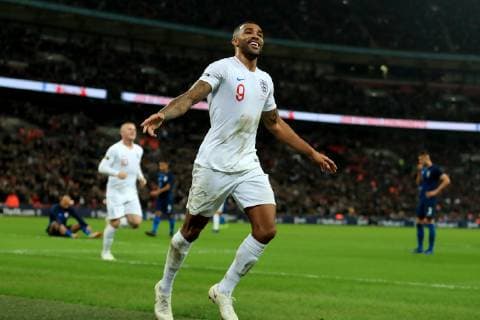 15th November 2018, Wembley Stadium, London, England; Wayne Rooney Foundation International football friendly, England versus United States of America; Callum Wilson celebrates after he scores for 3-0 in the 77th minute  ActionPlus12079692 ShaunxBrooks