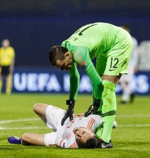 Partido de la Liga de las Naciones entre Croacia y Espana. En la imagen, Iago Aspas y Kalinic.UEFA Nations League match between Croatia and Spain. In this picture, Iago Aspas and Kalinic. 