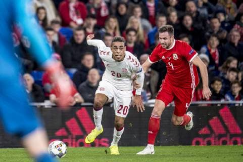 Danmarks Yussuf Poulsen under Nations League fodboldkampen mellem Wales og Danmark paa Cardiff City Stadium i Cardiff, fredag den 16. november 2018.. , Copenhagen Denmark  Copyright: RitzauxScanpix MadsxClausxRasmussenx Cop101 spdk20181116-221000-L