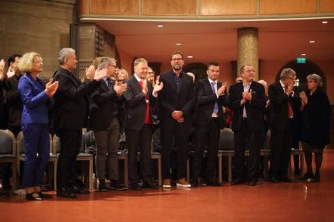 DR. ANNETTE LUDWIG, CYRUS OVERBECK, DEKAN ANDREAS KLODT, PROF. DR. CHRISTIAN VAHL, JUERGEN KLOPP, CHRISTIAN HEIDEL, PETER KRAWIETZ, PETER UND SABINE FREY VERLEIHUNG DES MAINZER MEDIENPREISES FUER NACHHALTIGES MEDIALES WIRKEN AN JUERGEN KLOPP CHRISTUSKIRCHE, MAINZ 