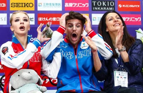 Sport Themen der Woche KW46 Sport Bilder des Tages MOSCOW, RUSSIA â€“ NOVEMBER 17, 2018: Coach Irina Zhuk with ice dancers Aleksandra Stepanova and Ivan Bukin of Russia reacts in the kiss and cry after performing their free dance at the 2018 Rostelecom Cup, the fifth of six events in the 2018â€“19 ISU Grand Prix of Figure skating Eiskunstlauf at the Megasport Arena. Valery Sharifulin TASS  TS097DE6
