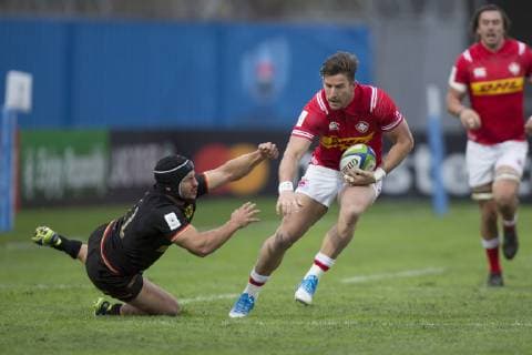 Germany Canada World Cup qualifying game Qualifying game for Rugby World Cup 2019 in Japan between Germany and Canada on 17 11 2018 in Marseille Carlos Soteras Merz Germany 11 misses a tackle against Carlos Soteras Merz Germany 11 Marseille Bouches du Rhone France Stade Delort