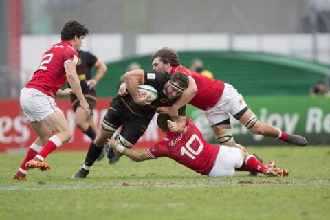 Germany Canada World Cup qualifying game Qualifying game for the Rugby World Cup 2019 in Japan between Germany and Canada on 17 11 2018 in Marseille Jarrid Els Germany 8 stopped by three Canadians Marseille Bouches du Rhone France Stade Delort No chance for Jarrid Els Germany 8 stopped by three Canadians