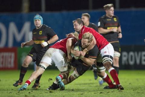 Germany Canada World Cup qualifying game Qualifying game for Rugby World Cup 2019 in Japan between Germany and Canada on 17 11 2018 in Marseille Jaco Otto Germany 7 has no chance to prevail against his two Canadian opponents Marseille Bouches du Rhone France Stade Delort