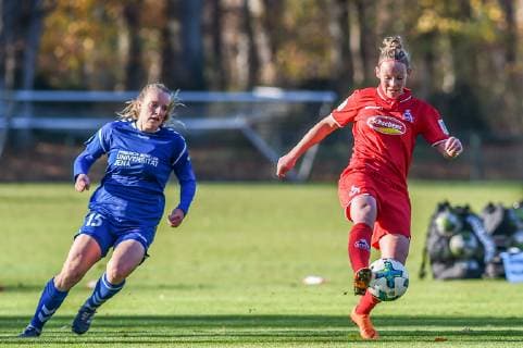 v li Anna Lena Riedel FF USV Jena 15 Romina Frommont FC Köln 23 duel duel tackle tackling dynamics action action football 2 women Bundesliga 1 FC Köln FF USV Jena DFB REGULATIONS PROHIBIT ANY USE OF PHOTOGRAPHS AS IMAGE SEQUENCES AND OR QUASI VIDEO xmhx