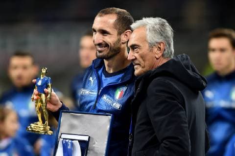 Fußball, Nations League, Italien - Portugal Db Milano 17 11 2018 - Uefa Nations League Italia-Portogallo foto Daniele Buffa Image nella foto: Giorgio Chellini-Gabriele Gravina 