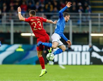 Italy Milan 17 11 2018 UEFA Nations League A Group 3 Italy Portugal Andre Silva POR and Alessandro Florenzi ITA in the total DeFodi048