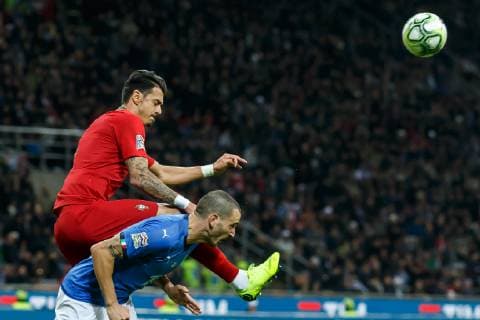 Italy Milan 17 11 2018 UEFA Nations League A Group 3 Italy Portugal Jose Fonte POR and Leonardo Bonucci ITA in the total DeFodi048