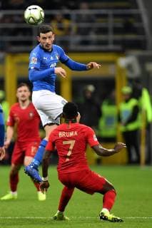Fußball, Nations League, Italien - Portugal Alessandro Florenzi of Italy and Bruma of Portugal compete for the ball during the Nations League League A group 3 football match between Italy and Portugal at stadio Giuseppe Meazza, Milano, November, 17, 2018 Foto Andrea Staccioli Insidefoto andreaxstaccioli