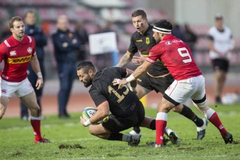 Germany Canada World Cup qualifying game Qualifying game for the Rugby World Cup 2019 in Japan between Germany and Canada on 17 11 2018 in Marseille Wynston Cameron Dow Germany 13 falls in duel with Sean Armstrong Germany 9 In the background Raynor Parkinson Germany 10 Marseille Bouches du Rhone France Stade Delort