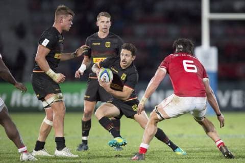 Germany Canada World Cup qualifying game qualifying game for Rugby World Cup 2019 in Japan between Germany and Canada on 17 11 2018 in Marseille Harris Aounallah Germany 23 with ball Kyle Baillie Canada 6 tries to escape Links Sebastian Ferreira Germany 6 in the background Hagen Schulte Germany 22 Marseille Bouches du Rhone France Stade Delort