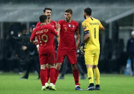 November 17, 2018 - Milan, Italy - Italy v Portugal - UEFA Nations League League A..Mario Rui celebrates with Jose Fonte, Ruben Dias and Rui Patricio of Portugal celebrate the qualification to the final four at San Siro Stadium in Milan, Italy on November 17, 2018. Italy v Portugal - UEFA Nations League A  - ZUMAn230 20181117_zaa_n230_488 Copyright: xMatteoxCiambellix